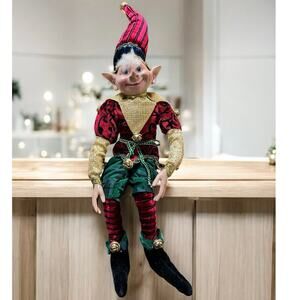 Robert Stanley Elf Figure Posing Christmas 23” Gold Red Clothing Bells Bendable
